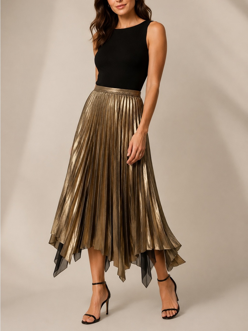 Ted Baker Shimmering Gold Metallic Pleated Skater Skirt